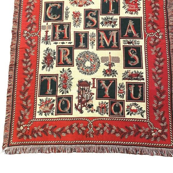 Christmas Tapestry Throw Blanket Goodwin Weavers 70x47 Fringe Red Green USA Made - Picture 3 of 16